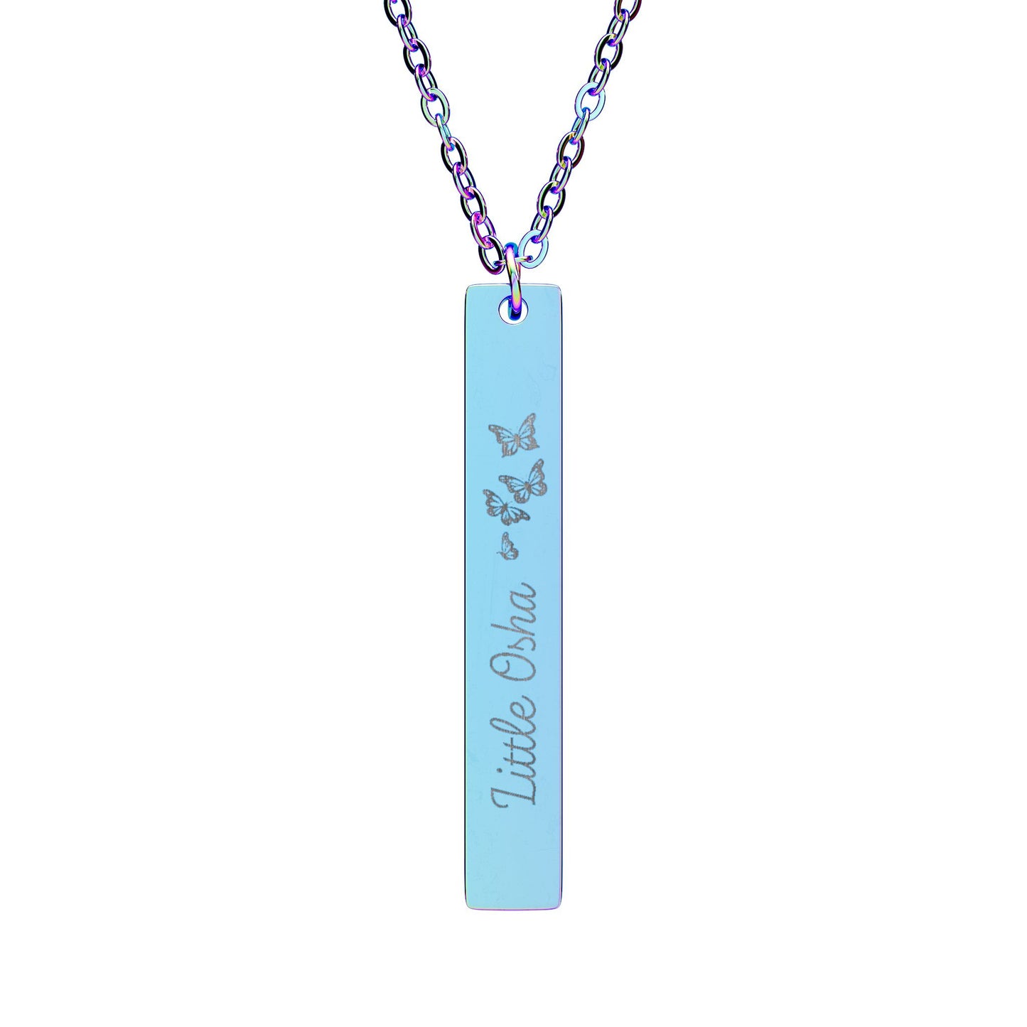 Little Osha Butterfly Engraved Vertical Bar Necklace by Spinsterly Co in Rainbow PVD coating, with three butterflies