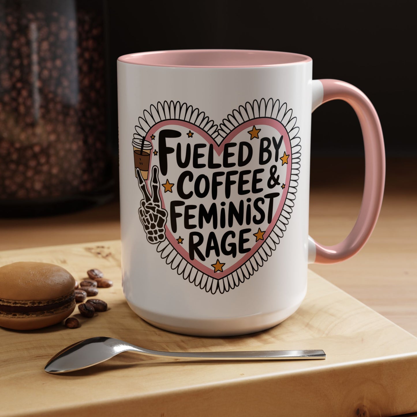 Fueled by Coffee Feminist Rage Accent Coffee Mug by Spinsterly Co in Pink with daisy-edged heart badge graphic