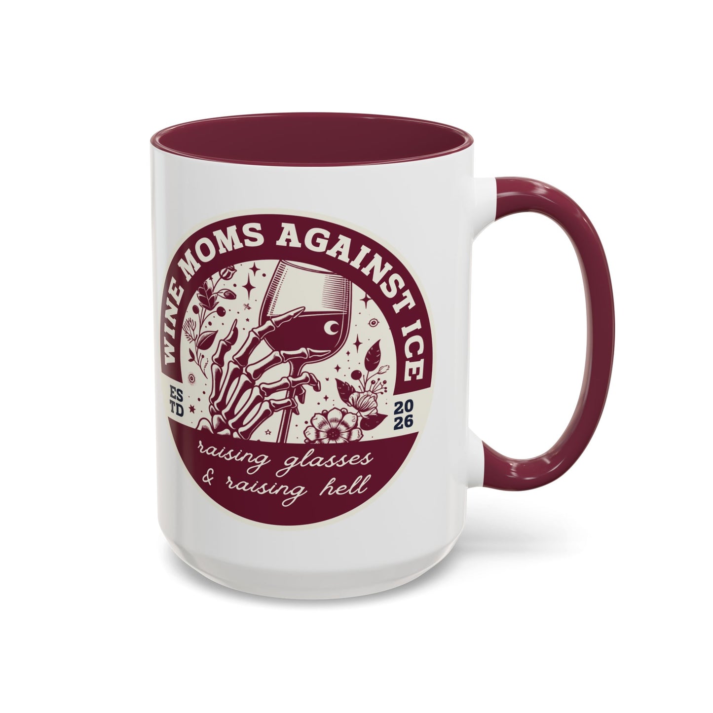 Wine Moms Against Ice Accent Coffee Mug by Spinsterly Co in maroon with vintage badge design and glossy ORCA coating
