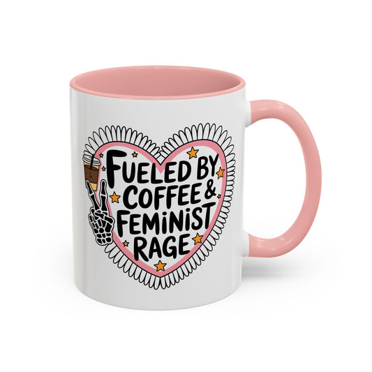 Fueled by Coffee Feminist Rage Accent Coffee Mug Spinsterly Co pink glossy ceramic with daisy edged heart badge