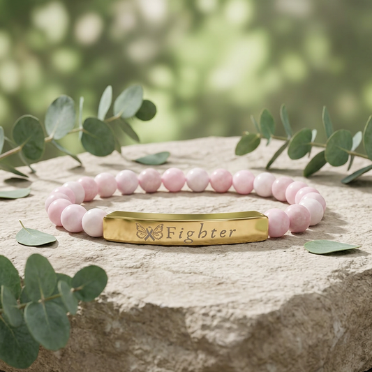 "Fighter" Engraved Natural Stone Stretch Bracelet | Breast Cancer Awareness - Spinsterly Co