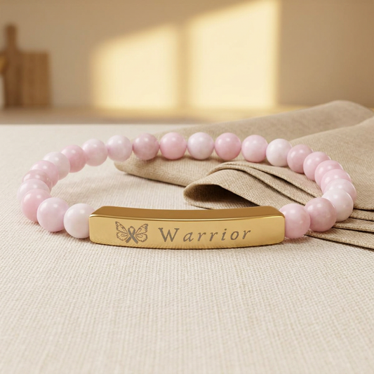 "Warrior" Engraved Natural Stone Stretch Bracelet | Breast Cancer Awareness - Spinsterly Co