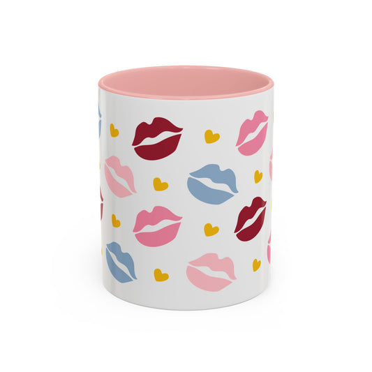 Lips Hearts Kiss Pattern Accent Coffee Mug Spinsterly Co, glossy pink ceramic mug with full-wrap kiss design