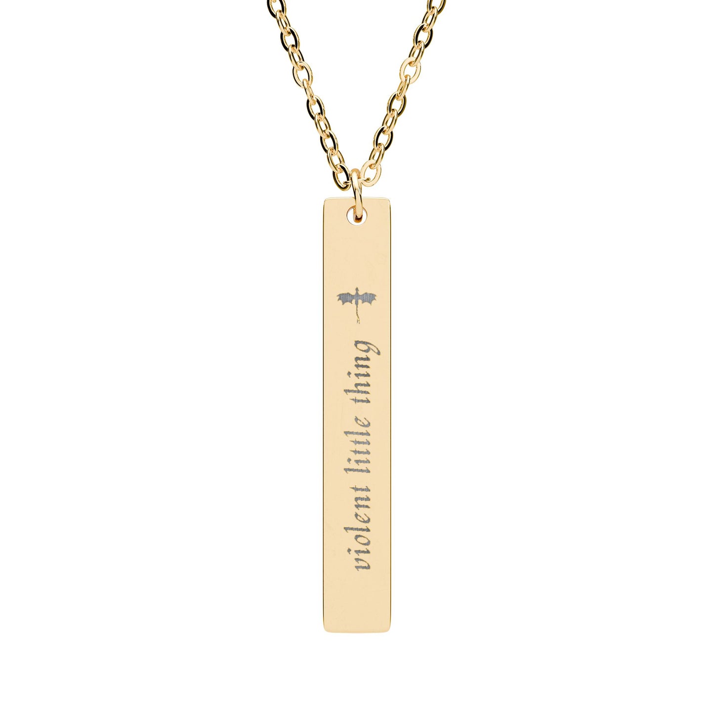 Violent Little Thing Dragon Engraved Vertical Bar Necklace Dark Romantasy Jewelry Gift by Spinsterly, black PVD