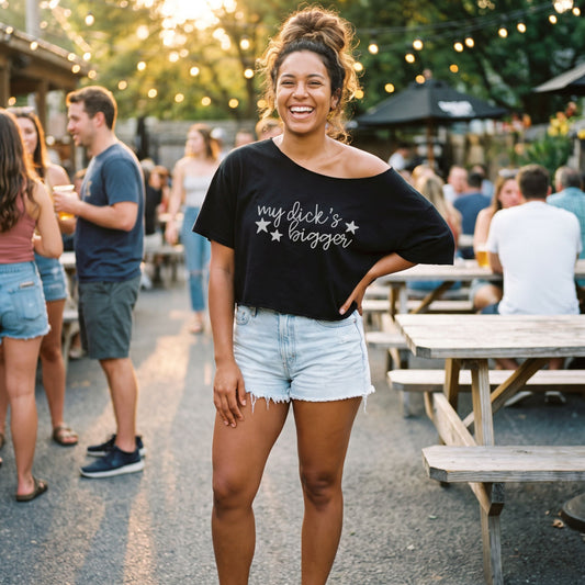 My Dick's Bigger Asymmetric Crop Tee | Embroidered Feminist Statement T-Shirt - Spinsterly Co