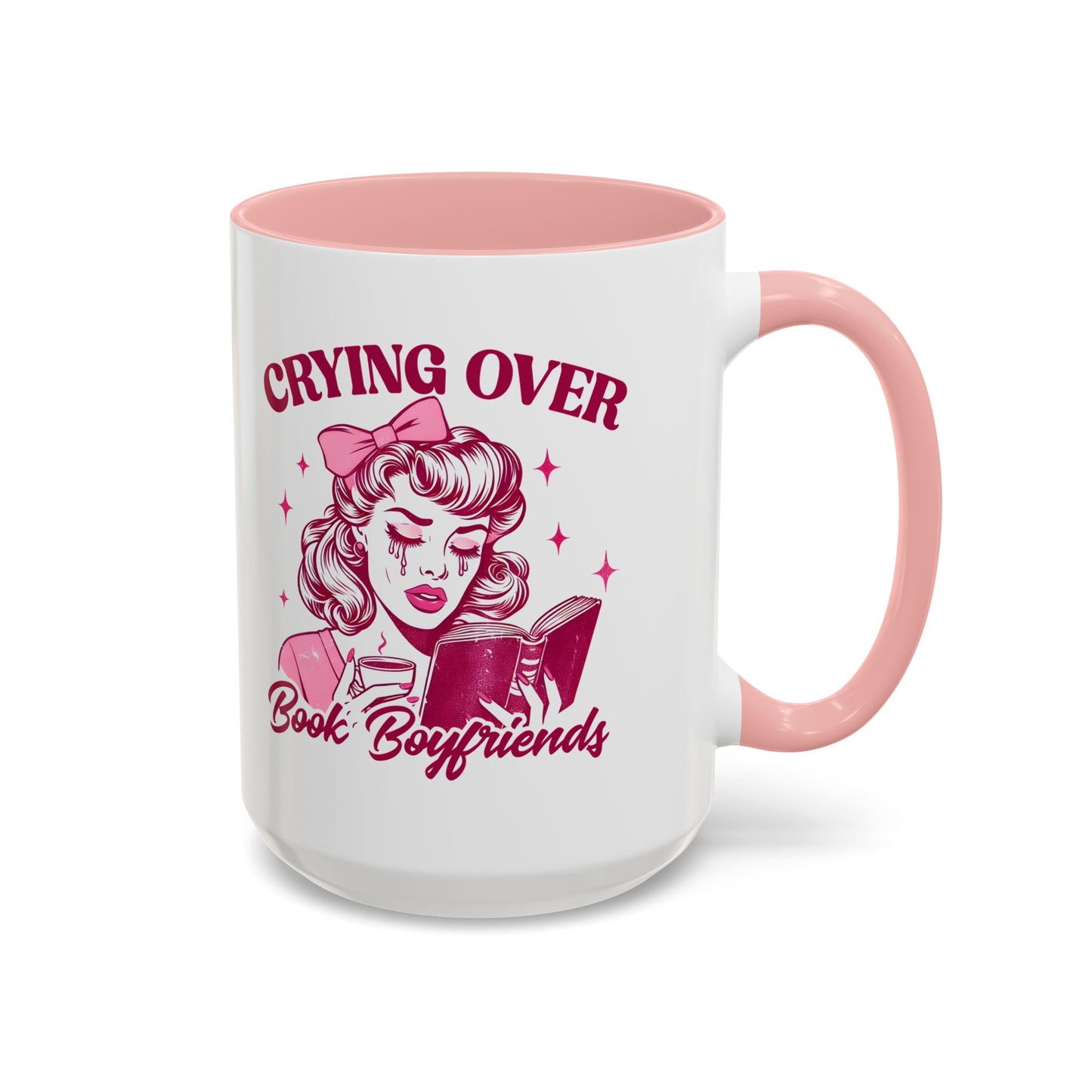 Crying Over Book Boyfriends Retro Pin-Up Accent Coffee Mug Bookish Reader Gift by Spinsterly Co, Pink ceramic glossy mug