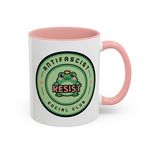 Antifascist Social Club Resist Accent Coffee Mug Kawaii Frog Political Mug by Spinsterly Co in Pink with glossy ceramic