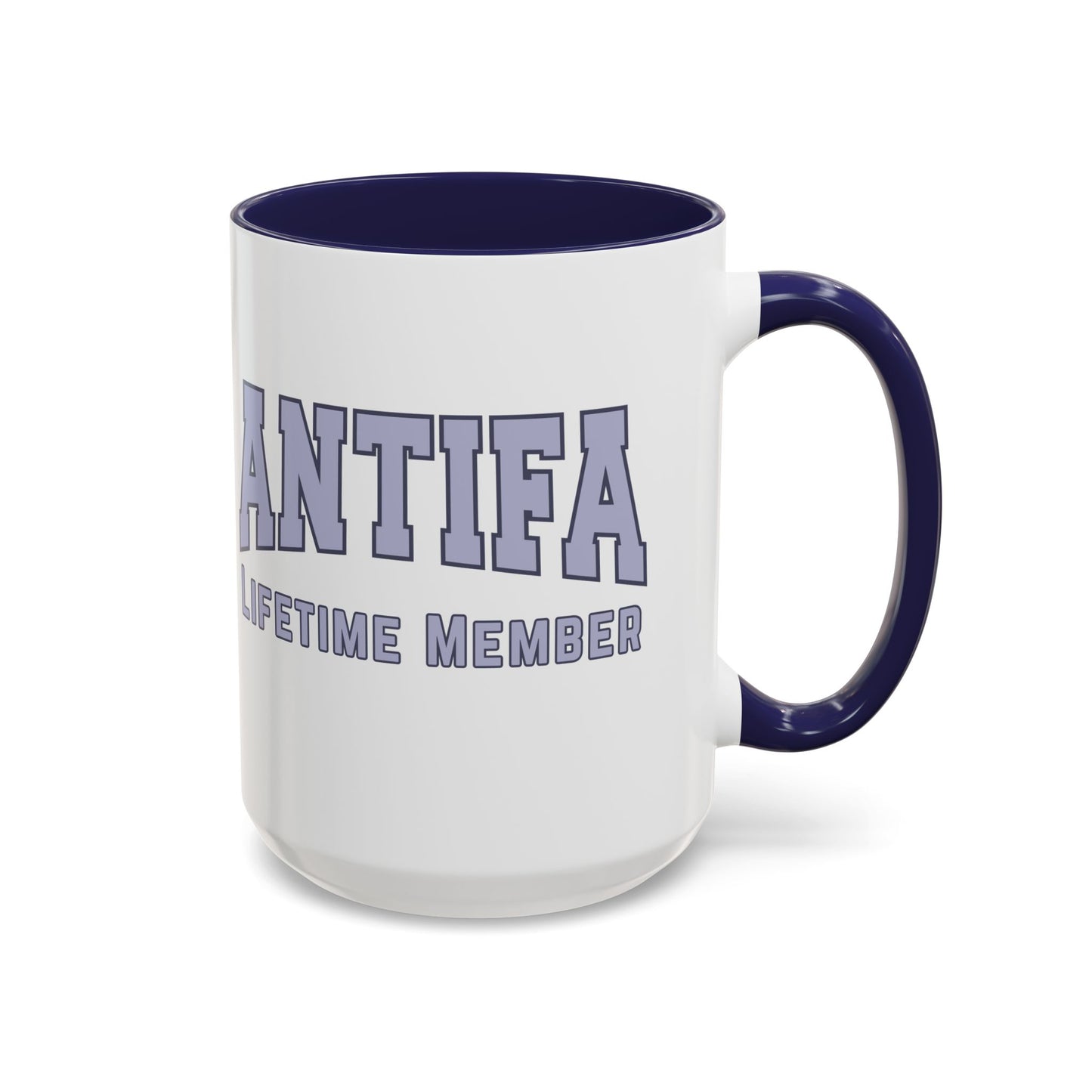 Antifa Lifetime Member Accent Coffee Mug Anti-Fascist Collegiate Navy Mug Spinsterly Co ceramic coffee mug with glossy finish
