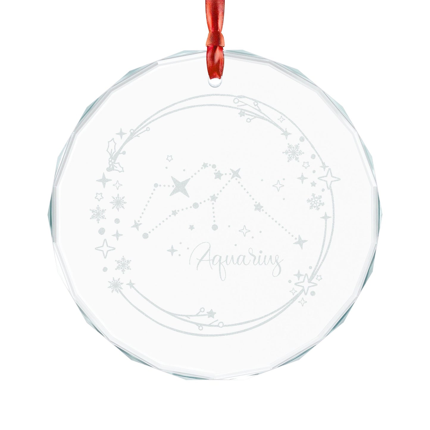 Aquarius Constellation Crystal Glass Ornament by Spinsterly Co, faceted circle with engraved star map and red ribbon