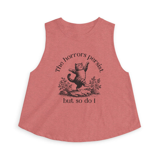The Horrors Persist But So Do I Crop Top by Spinsterly Co women's cropped tank in heather mauve with dancing cat graphic