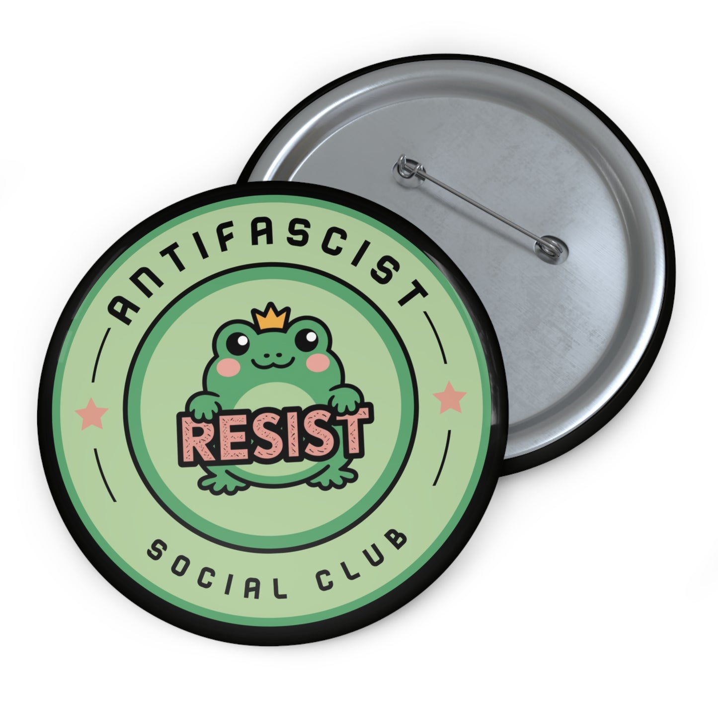 Antifascist Social Club Resist Pin Button Kawaii Frog Political Badge by Spinsterly Co, glossy mylar with steel backing