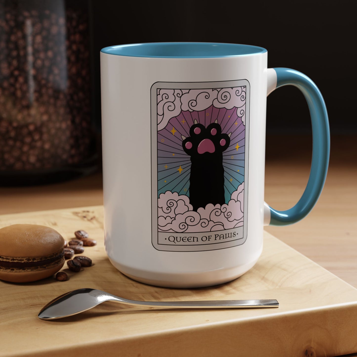 Queen of Paws Accent Coffee Mug with tarot cat art, Spinsterly Co, Light Blue glossy ceramic mug