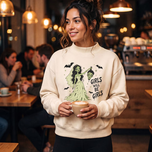 Girls Will Be Girls — Halloween Zombie Bride Graphic Mock Neck Sweatshirt - Spinsterly Co
