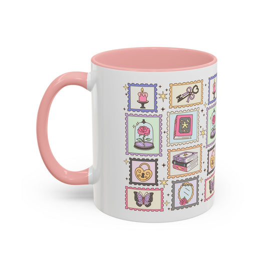 Whimsical Bookish Stamp Collection Coffee Mug by Spinsterly Co in Pink with full wrap stamp vignette grid