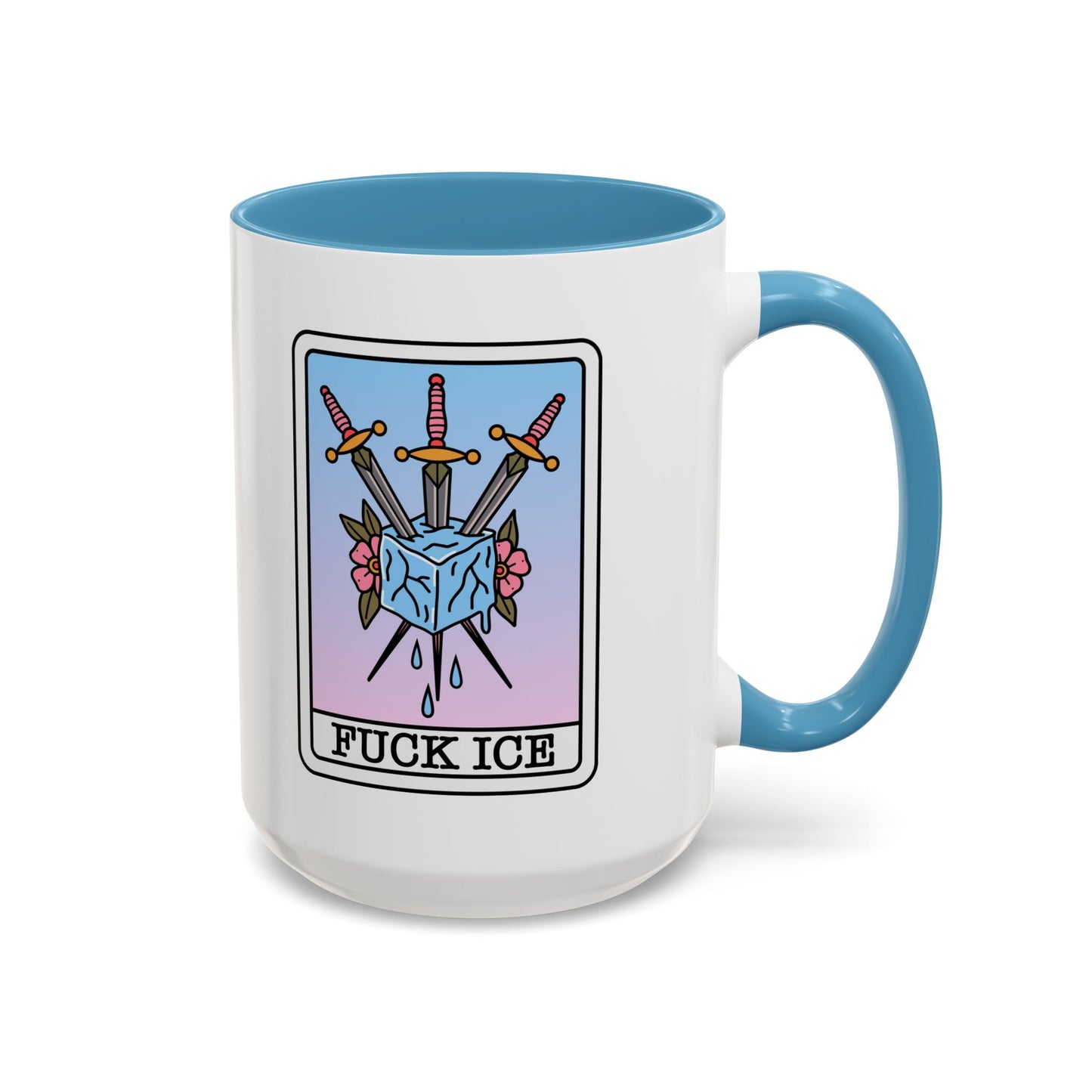 Fck Ice Accent Coffee Mug by Spinsterly Co, Light Blue ceramic with tarot swords and melting ice cube design