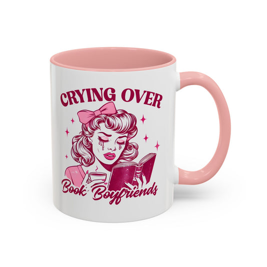 Crying Over Book Boyfriends Retro Pin-Up Accent Coffee Mug Spinsterly Co pink ceramic glossy C-handle design