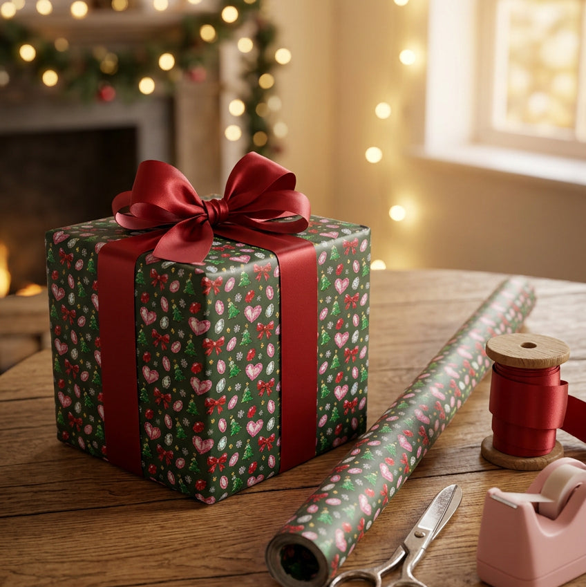 Christmas Wrapping Paper Roll – Forest Green Holiday Gems