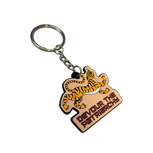 Devour the Patriarchy Feminist Enamel Keychain by The Bullish Store tiger motif in yellow and black with split ring