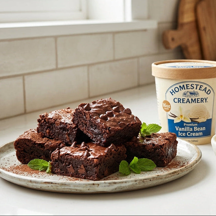 A pint of Homestead Creamery Vanilla Bean Ice Cream sits on a kitchen counter beside plates of chocolate brownies and a bowl of vanilla ice cream with a cherry, in a bright kitchen setting.