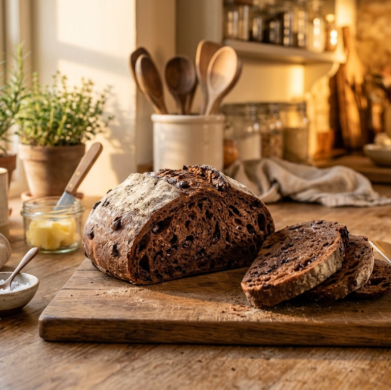 A rustic loaf of dark whole wheat bread with two slices cut, displayed on a wooden cutting board in a warm, sunlit kitchen setting.