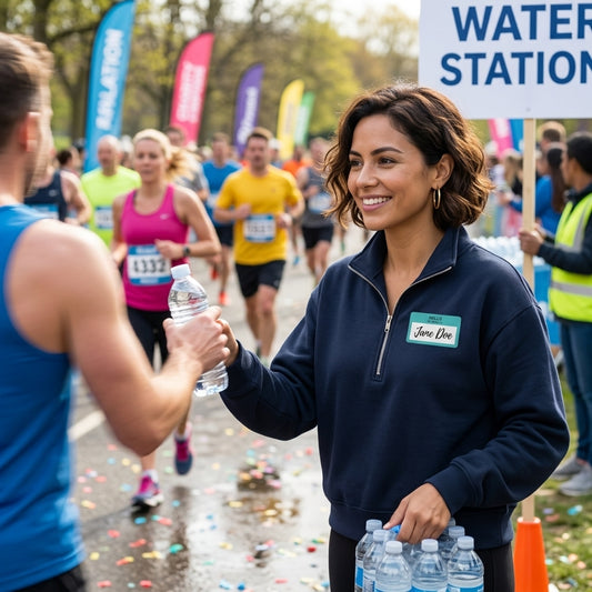 A woman at a marathon race finish line smiling and handing a water bottle to a runner, wearing a navy quarter-zip fleece with a name tag that reads 'Jane Doe'.