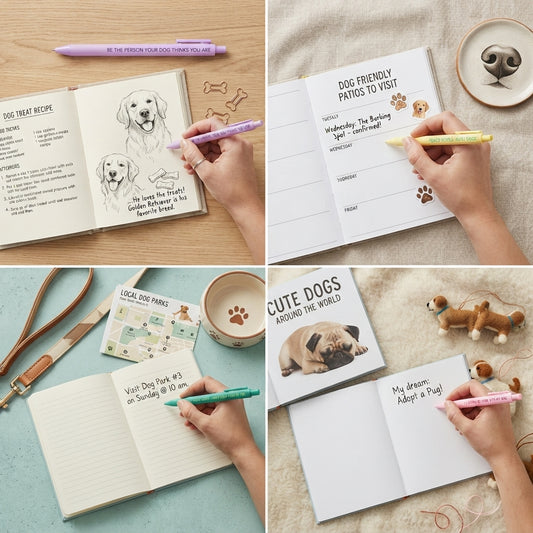 A four-panel collage showing a person's hand writing in different colored pens inside a dog-themed recipe and travel journal. The journal pages feature illustrations of dogs, paw prints, and text like 'Dog Friendly Parks to Visit' and 'Cute Dogs Around the World'.