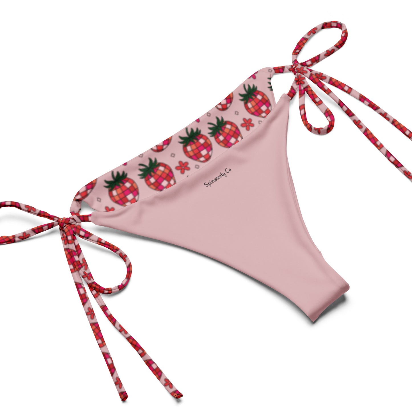 Strawberry Fields String Bikini by Spinsterly Co in pale pink with pineapple and tartan all-over print