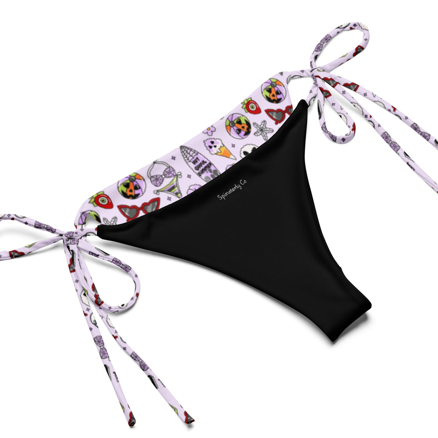 Summerween String Bikini by Spinsterly Co black and lilac all-over print string bikini with tie-side bottoms