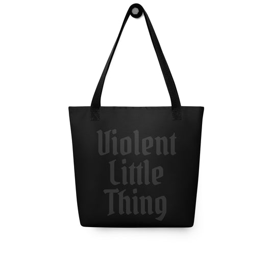 Violent Little Thing Tote Bag Spinsterly Co gothic blackletter tote in tone on tone black with shoulder handles