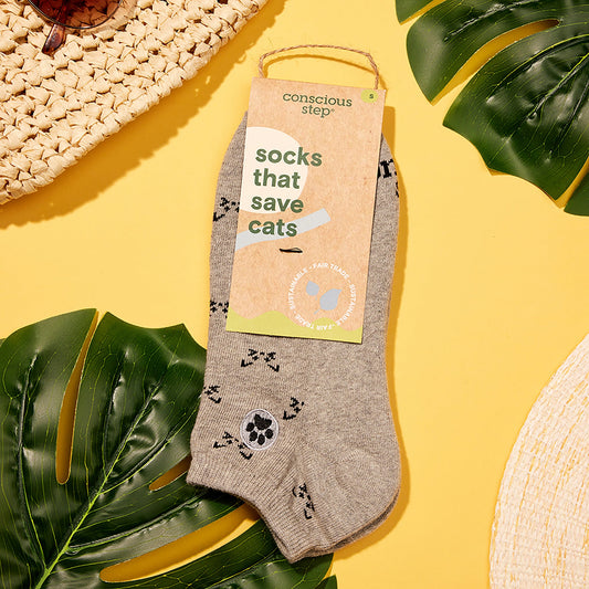Socks that Save Cats — Cat Face Ankle Socks | Heather Grey | Cat Lover Gift | Organic Cotton - Spinsterly Co
