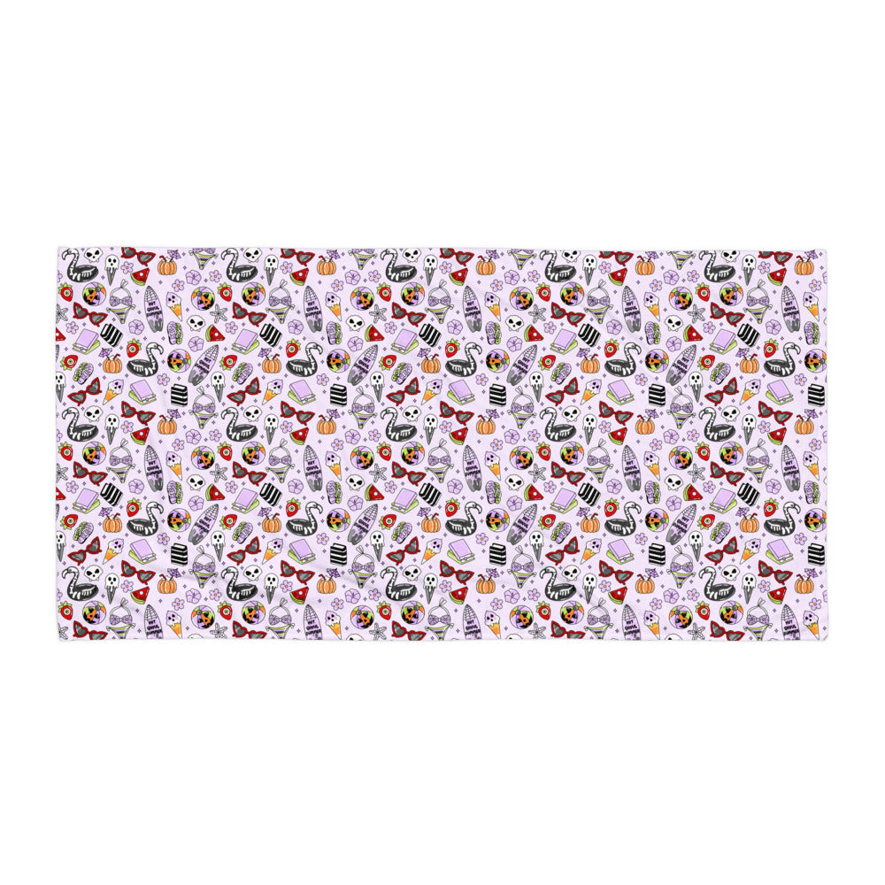 Summerween Beach Towel Kawaii Goth Lavender Print by Spinsterly Co with ghost and skeleton flamingo pattern