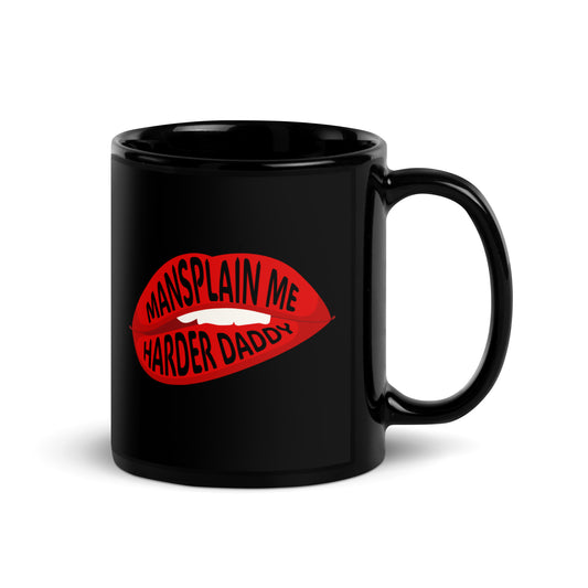 Mansplain Me Harder Daddy lip bite statement mug by Spinsterly Co in glossy black ceramic with red graphic