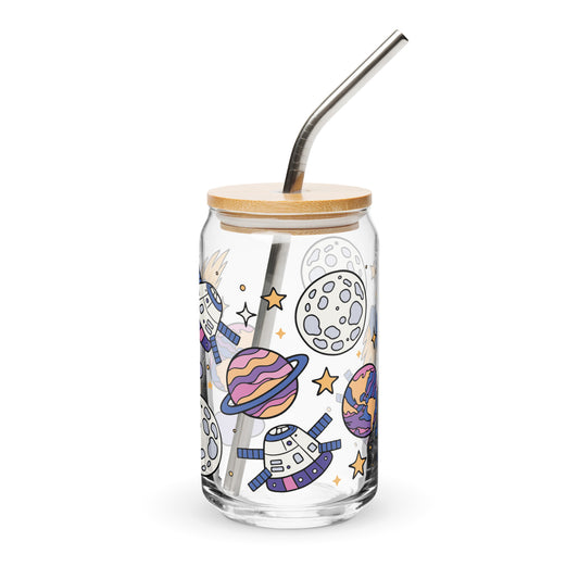 Kawaii Space Scatter Cosmic Glass Tumbler Spinsterly Co clear glass can tumbler with bamboo lid and metal straw