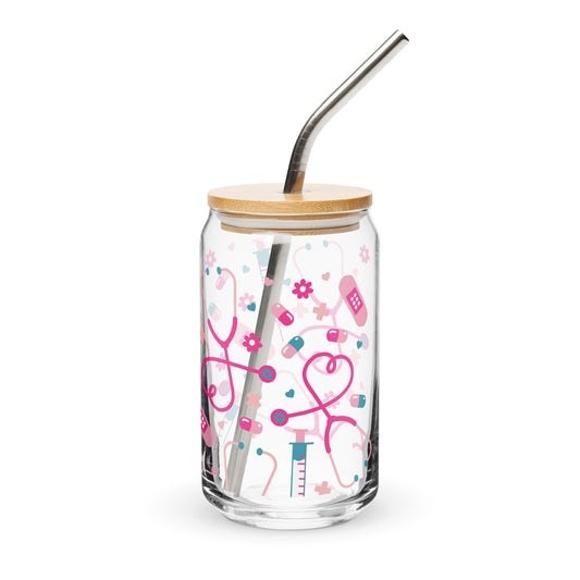 Kawaii Nurse Medical Scatter Can-Shaped Glass Tumbler by Spinsterly Co, clear glass with pink nurse print