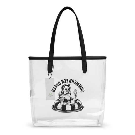 Summerween Queen Clear Tote Bag by Spinsterly Co, clear TPU with black handles and vintage pin up graphic