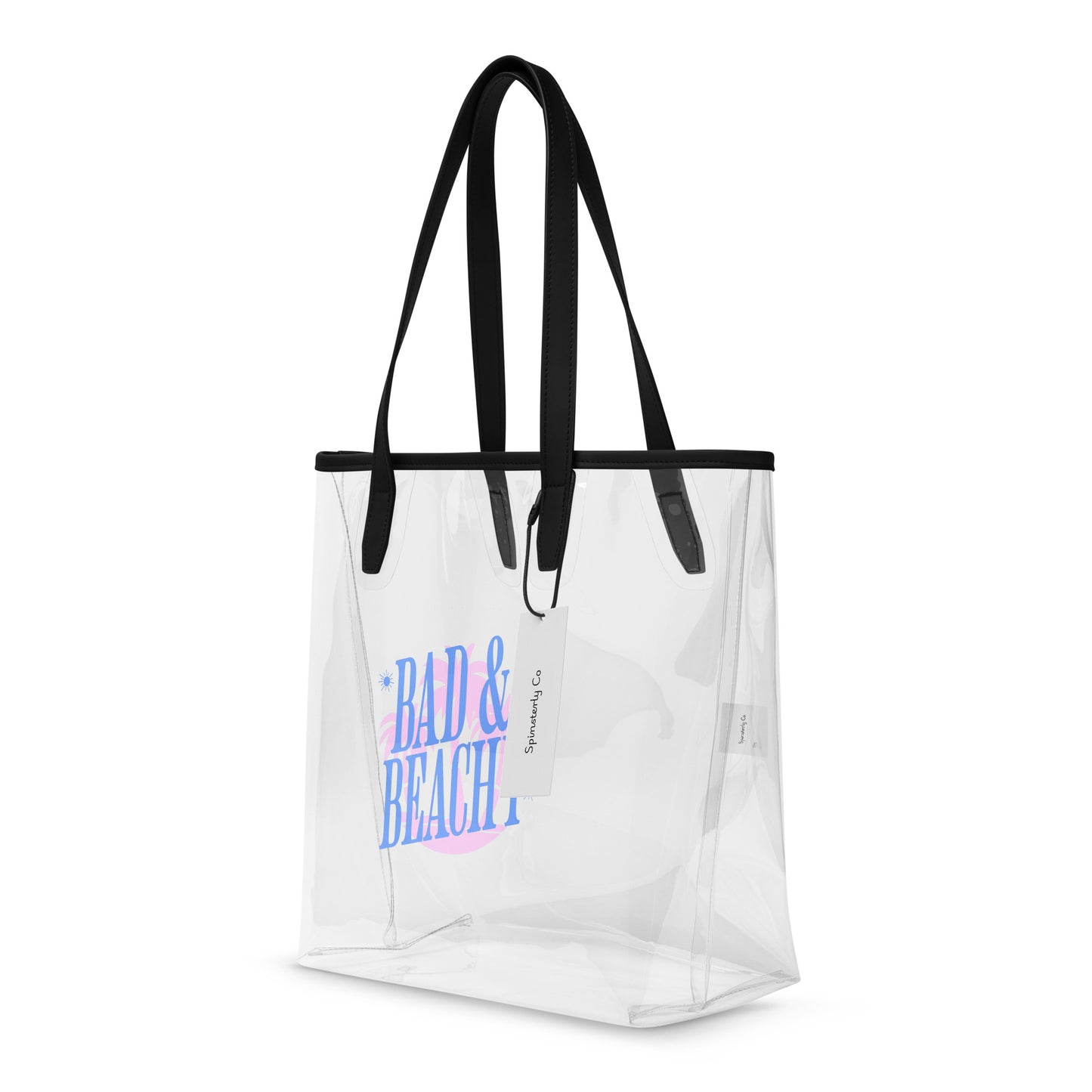 Bad and Beachy Clear Tote Bag by Spinsterly Co with black handles, clear waterproof TPU stadium approved design