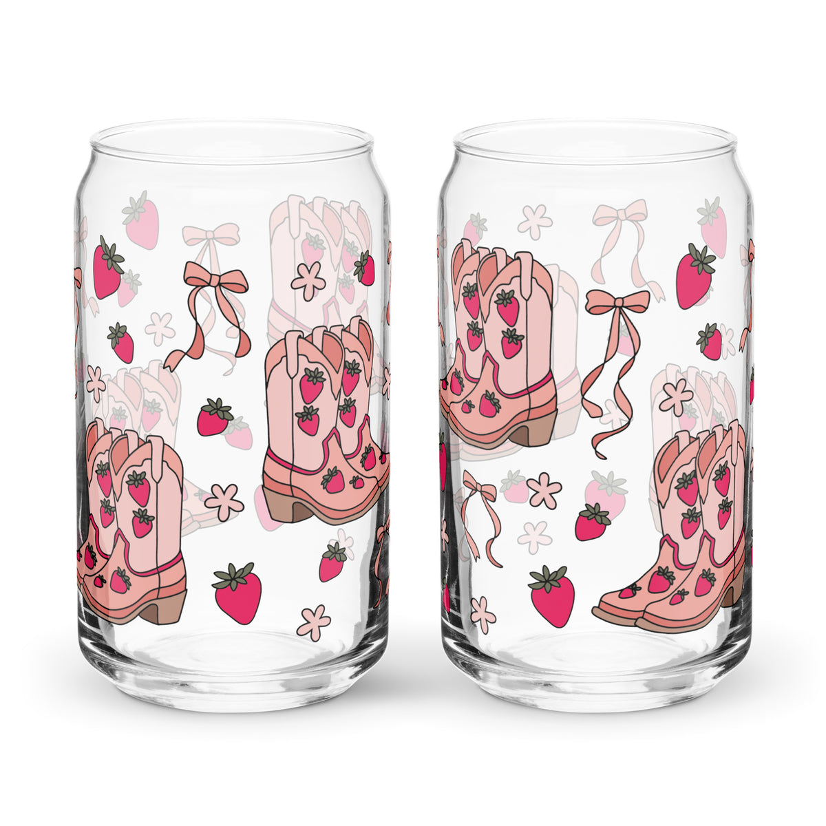 Coquette Cowgirl Strawberry Can Glass Tumbler | Pink Boots & Bows Iced Coffee Cup - Spinsterly Co
