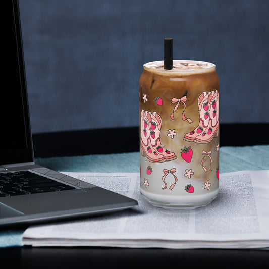 Coquette Cowgirl Strawberry Can Glass Tumbler | Pink Boots & Bows Iced Coffee Cup - Spinsterly Co