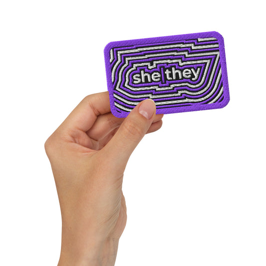SheThey Pronoun Embroidered Patch Spinsterly Co LGBTQIA patch purple twill with geometric stitched design