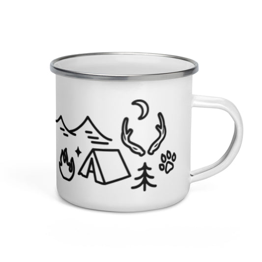 Camping Doodles Enamel Mug Whimsical Outdoor Mug by Spinsterly Co white enamel coating with hand-drawn campsite icons