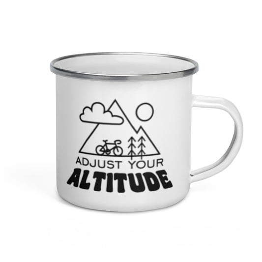 Adjust Your Altitude Enamel Mug by Spinsterly Co in white with enamel construction and outdoor camping use