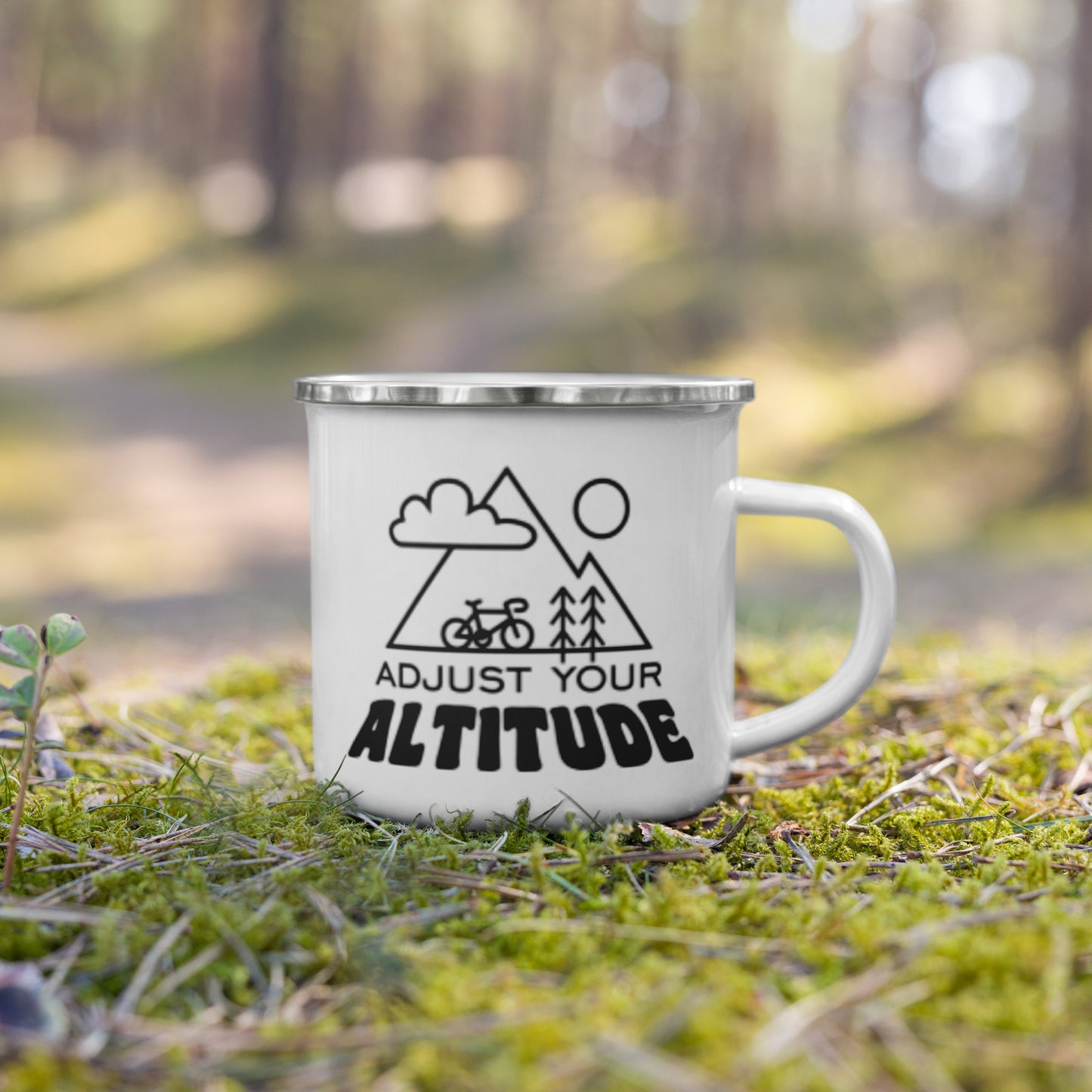 Adjust Your Altitude Enamel Mug Spinsterly Co enamel construction white mug with outdoor hiking use