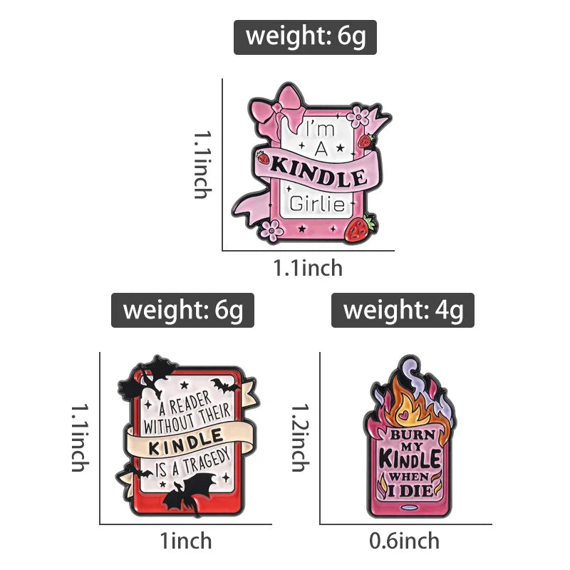 Three enamel pins with text and graphics, shown with measurements and weight information on a white background.