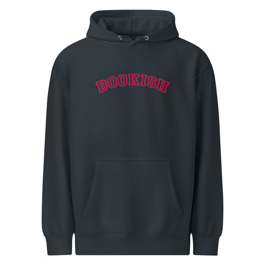 A navy blue hooded hoodie with a pink text graphic reading 'BOOKISH' across the chest, displayed on a solid white background.