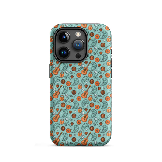 Music-Inspired MagSafe Tough iPhone Case by Spinsterly Co, retro disco guitar print on teal matte case