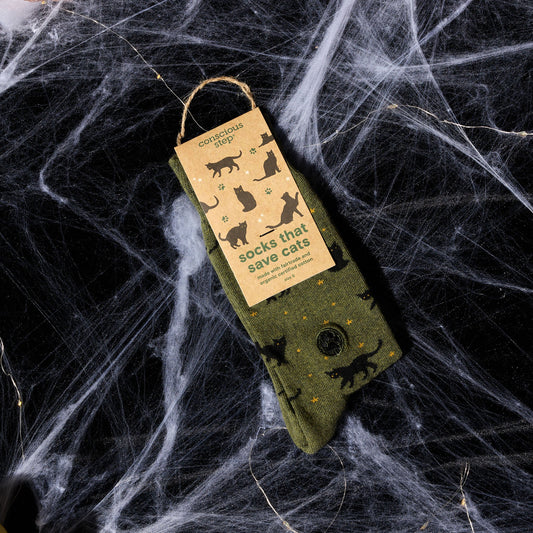 Socks that Save Cats — Halloween Black Cat Crew Socks | Olive Green | Witchy Gift | Organic Cotton - Spinsterly Co