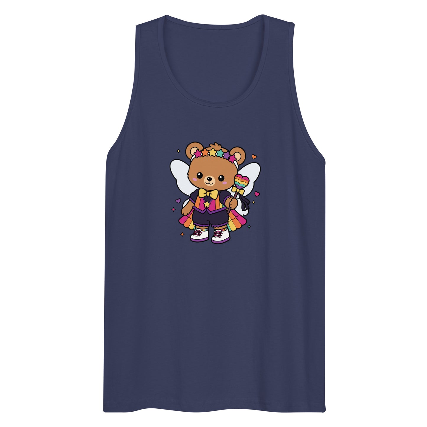 Rainbow Fairy Bear Pride Tank Top by Spinsterly Co in Harbor Blue with front kawaii fairy bear graphic