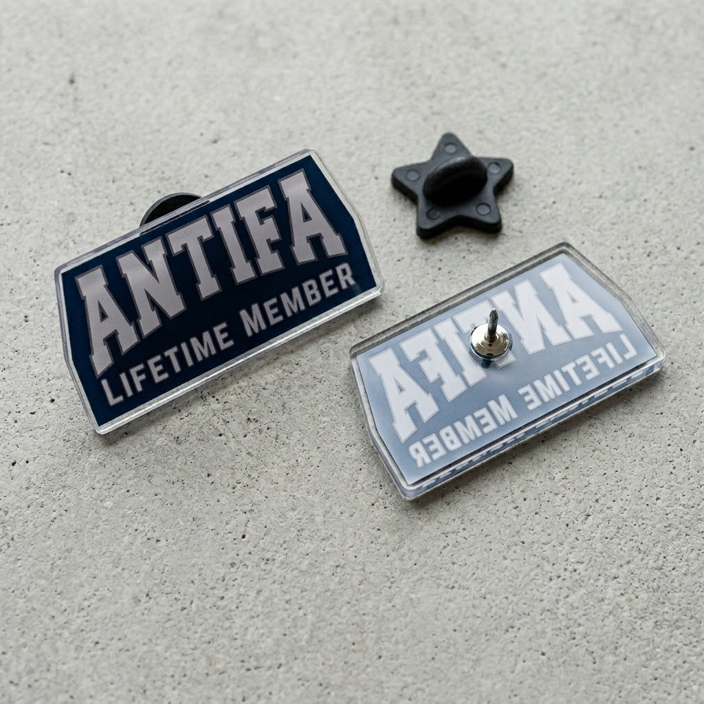 ANTIFA Lifetime Member — Navy & Lavender Clear Acrylic Lapel Pin | Antifascist Gift - Spinsterly Co