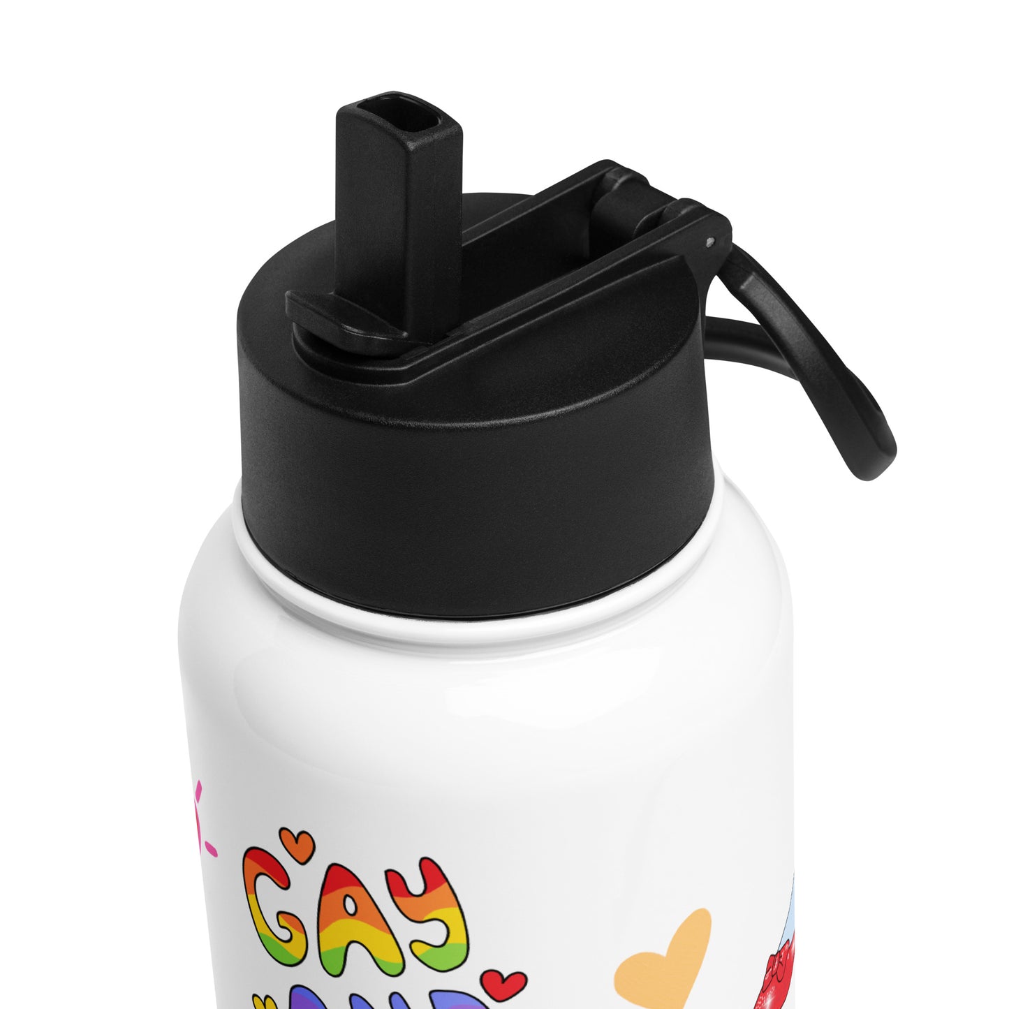 Close-up of the black foldable straw lid and carry loop on a white pride water bottle, with part of the colorful rainbow lettering visible below.