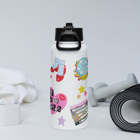 White 32oz stainless steel pride water bottle with a foldable straw lid, covered in colorful sticker-style rainbow and pride illustrations with various exercise equipment surrounding it.
